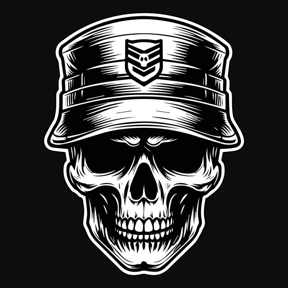 Dark Art Army Skull Head with Army Hat Black and White Illustration vector