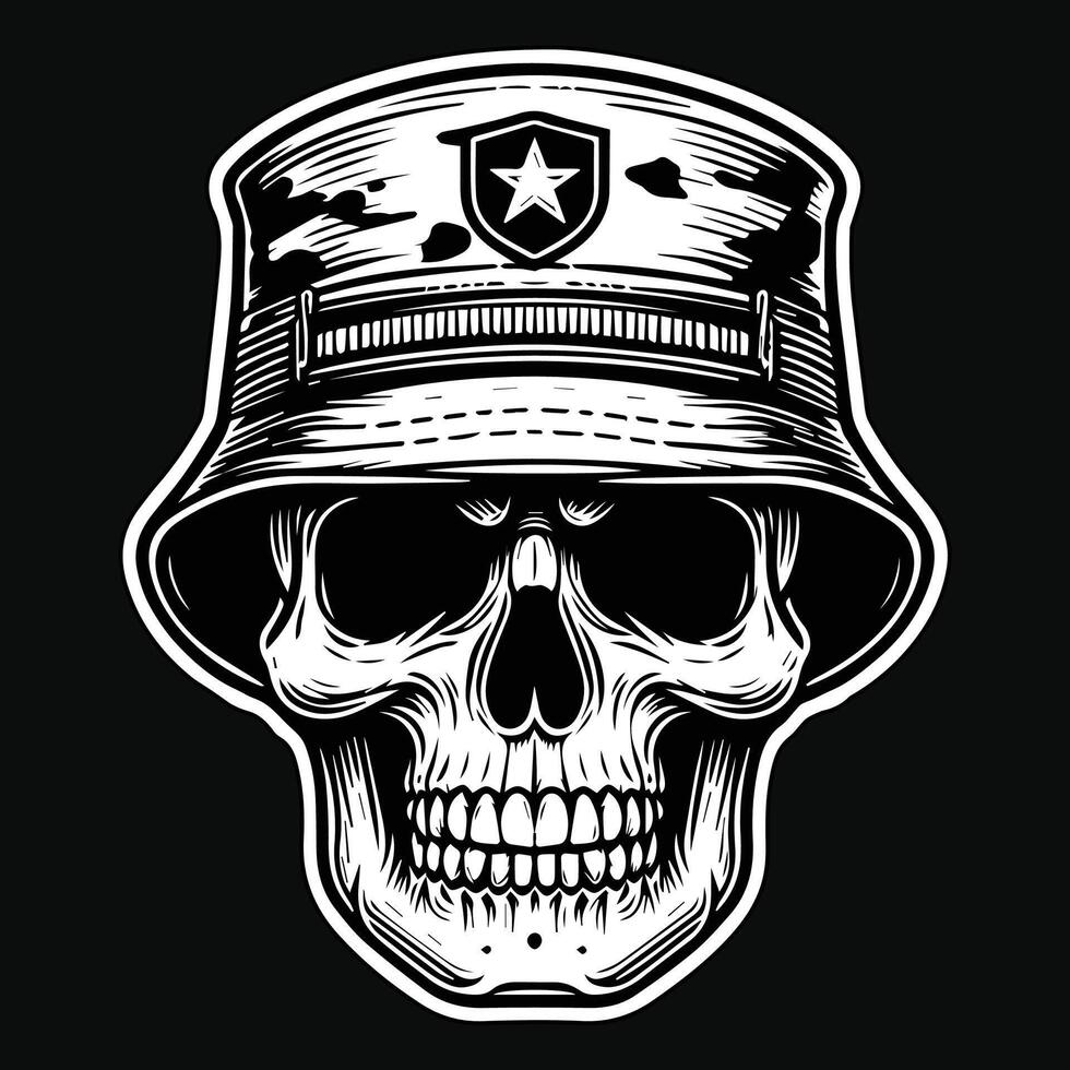 Dark Art Army Skull Head with Army Hat Black and White Illustration vector