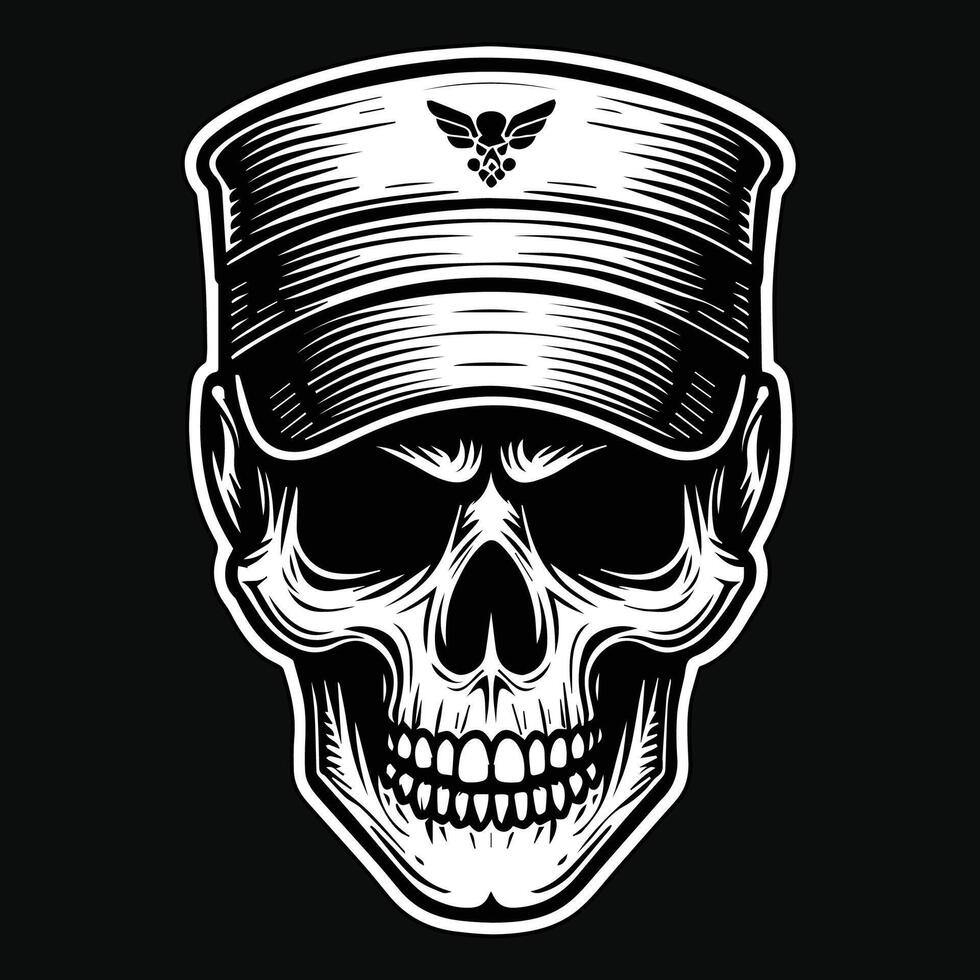 Dark Art Army Skull Head with Army Hat Black and White Illustration vector