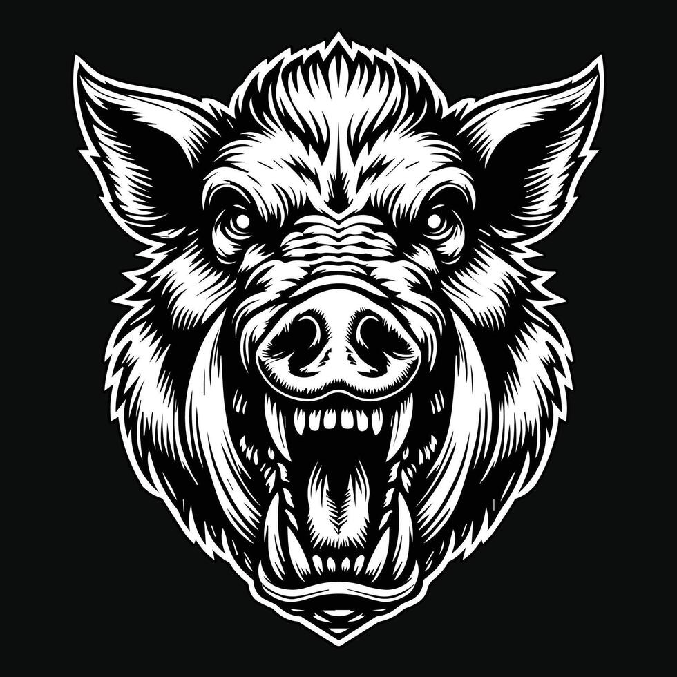 Dark Art Scary Angry Wild Boar Skull Head with Sharp Horn Black and White Illustration vector