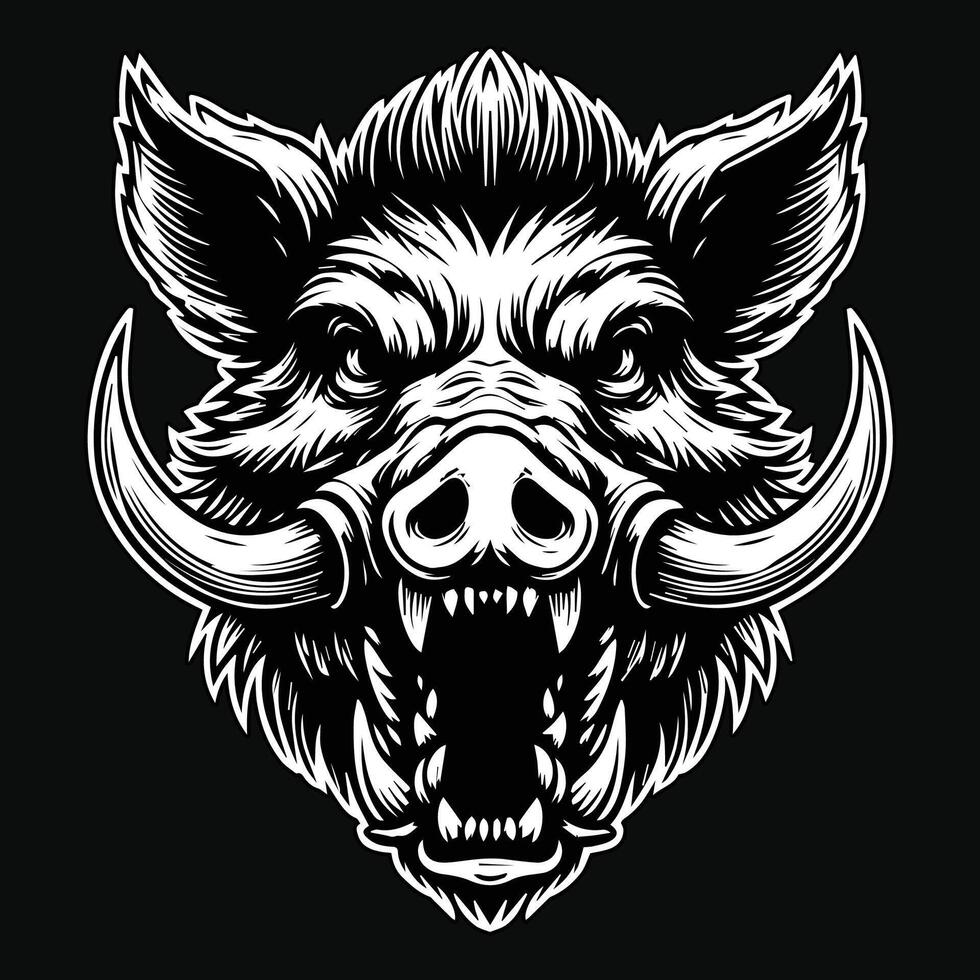 Dark Art Scary Angry Wild Boar Skull Head with Sharp Horn Black and White Illustration vector