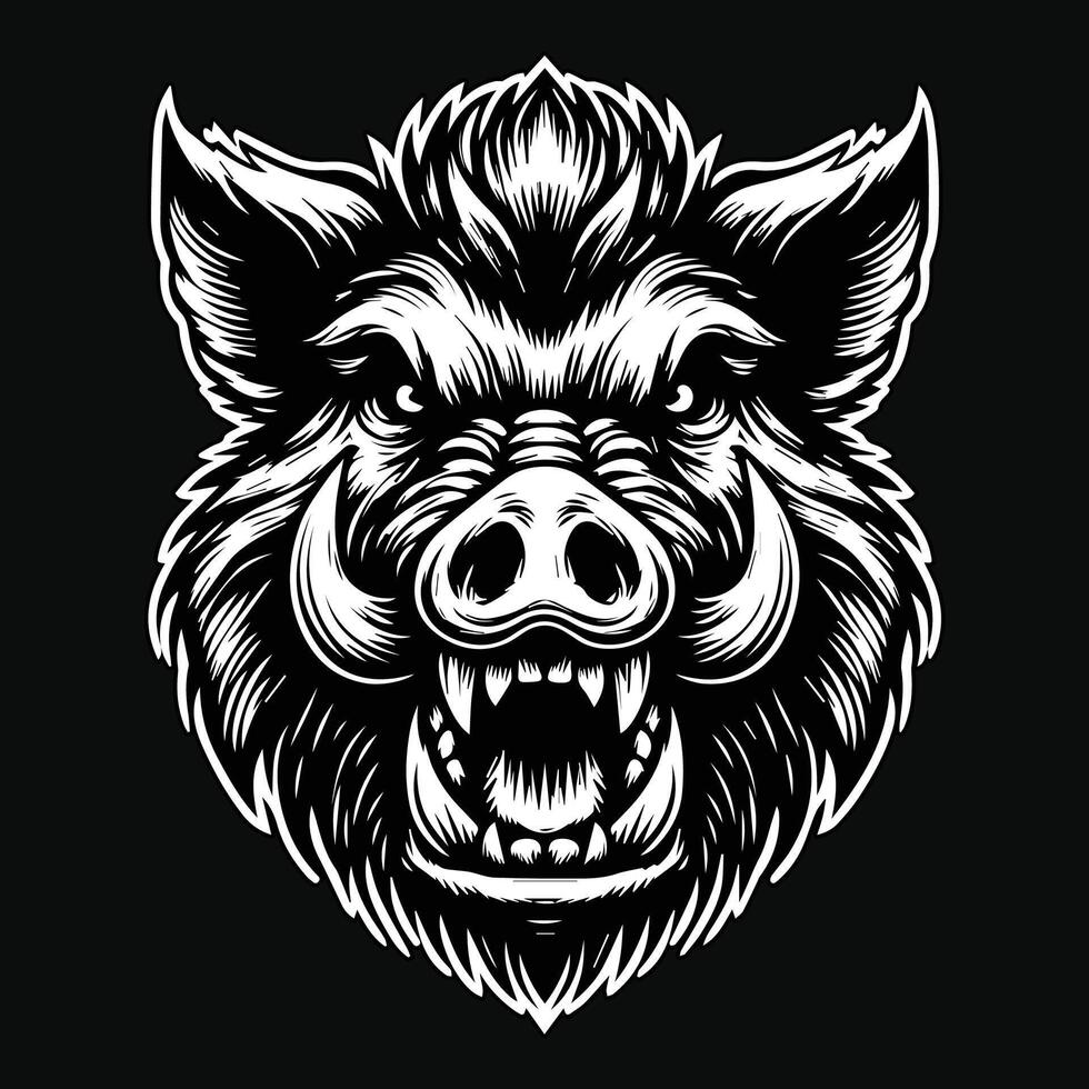 Dark Art Scary Angry Wild Boar Skull Head with Sharp Horn Black and White Illustration vector