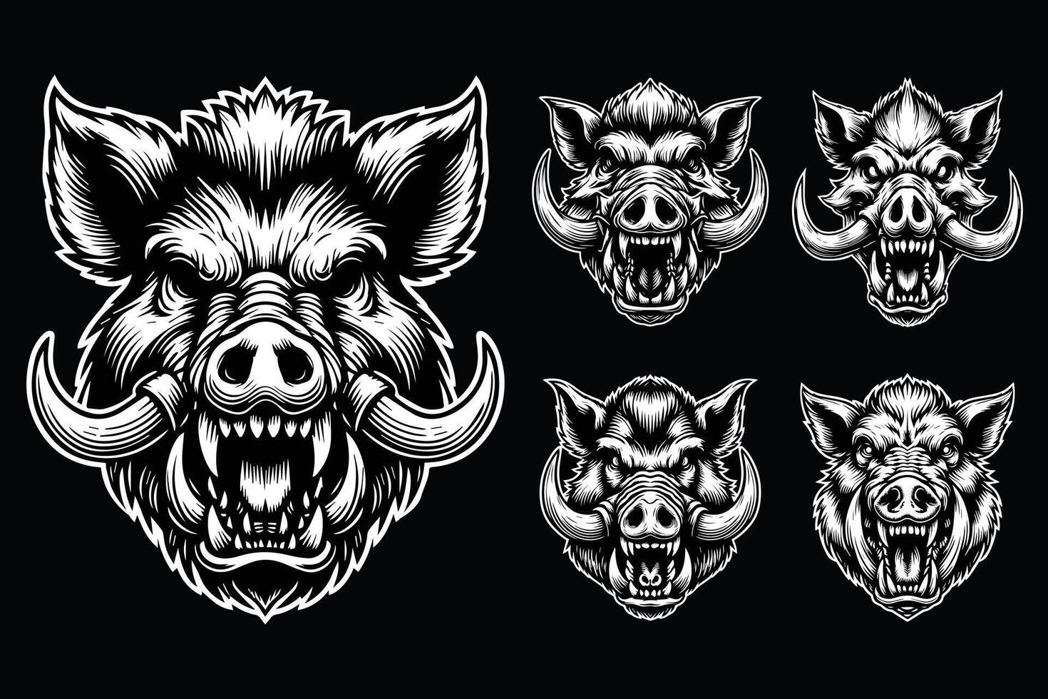 Dark Art Scary Angry Wild Boar Skull Head with Sharp Horn Black and White Illustration vector