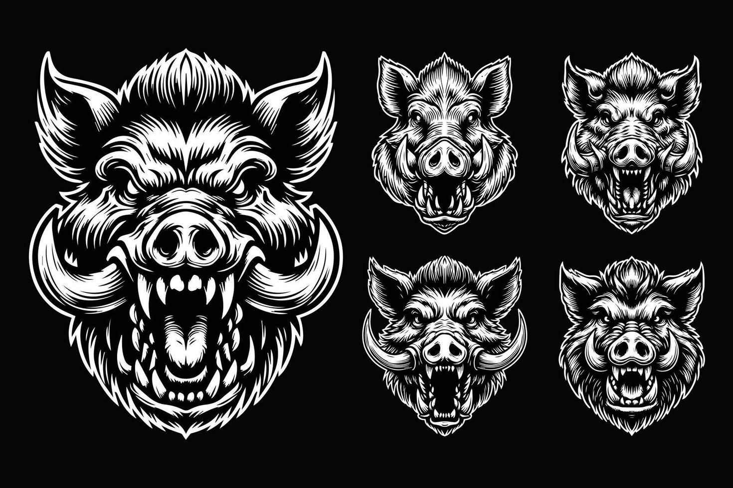 Dark Art Scary Angry Wild Boar Skull Head with Sharp Horn Black and White Illustration vector