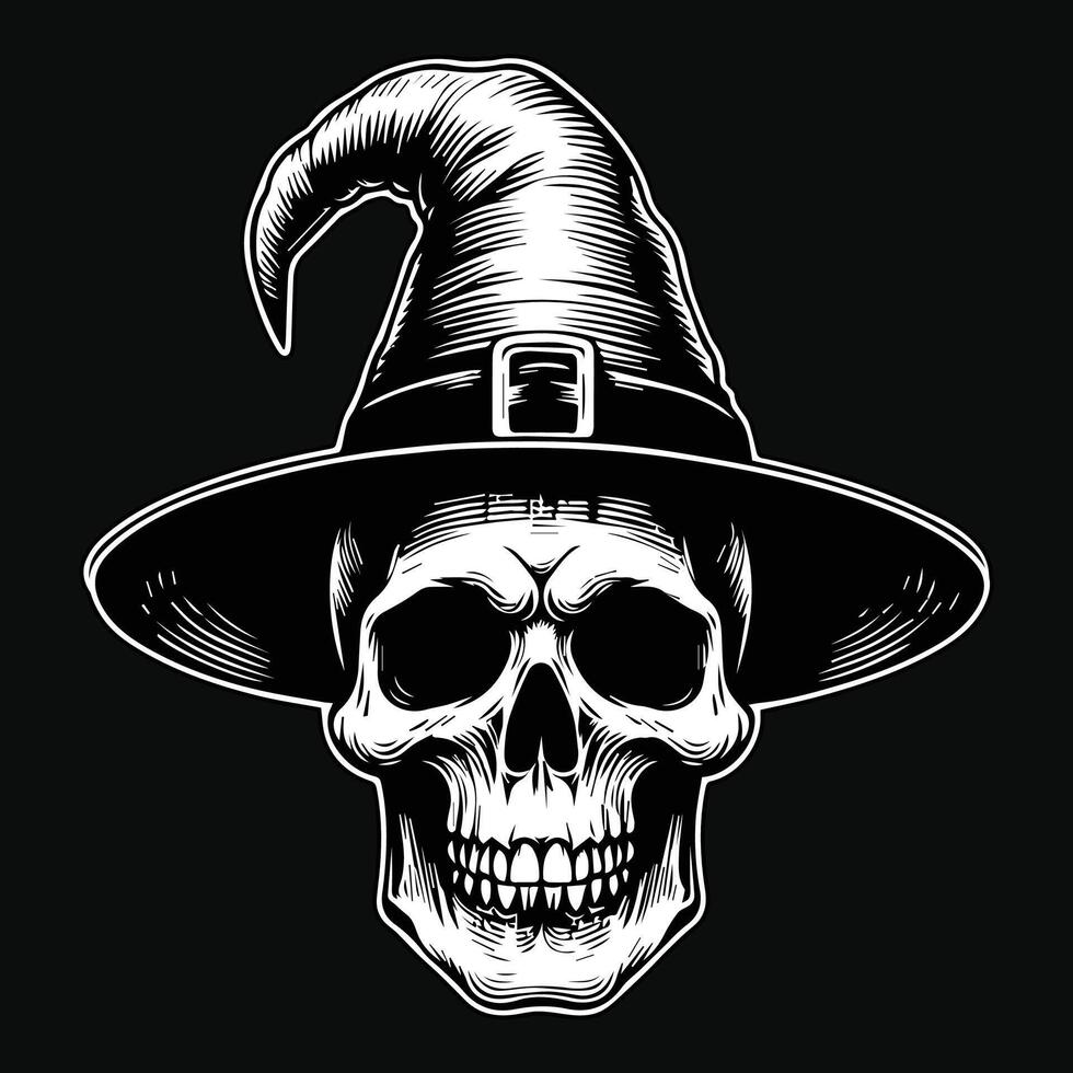 Dark Art Witch Skull Head With Witch Hat Black and White Illustration vector