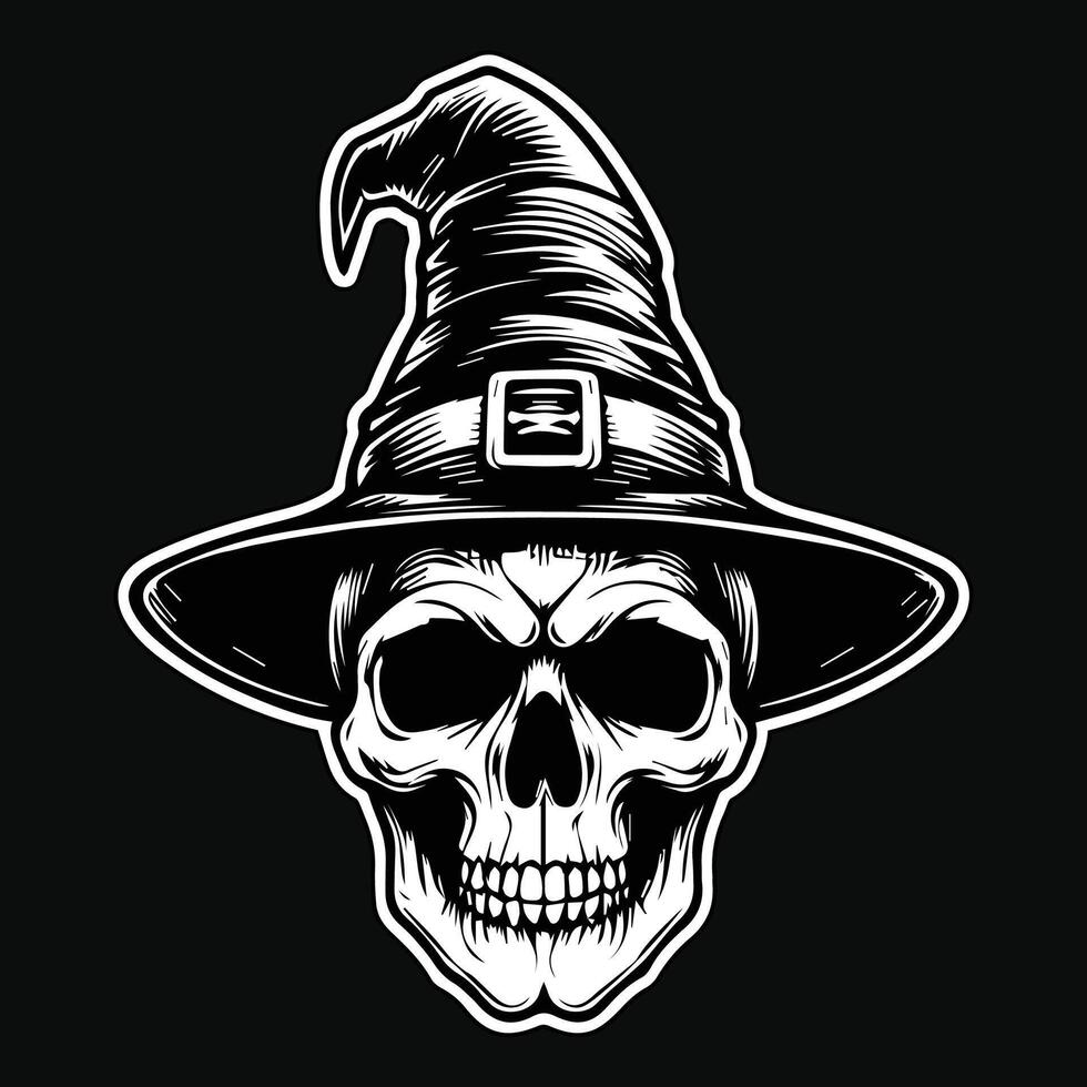 Dark Art Witch Skull Head With Witch Hat Black and White Illustration vector