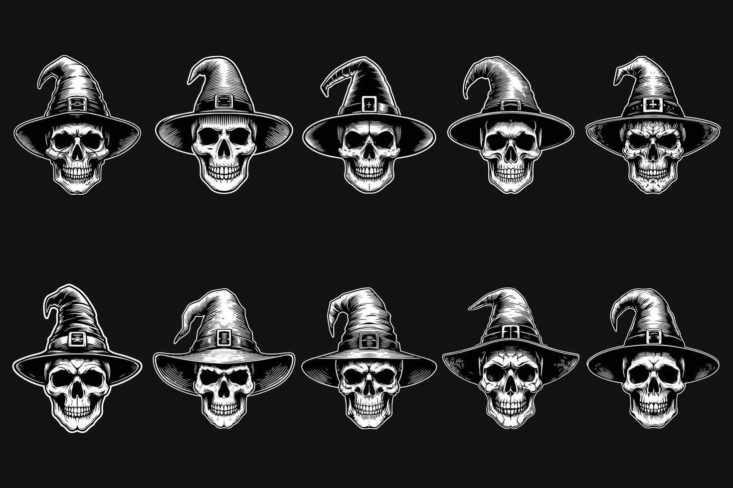 Dark Art Witch Skull Head With Witch Hat Black and White Illustration vector