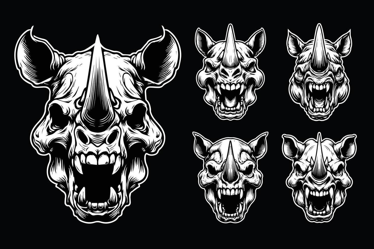 Dark Art Scary Angry Beast Rhino Skull Head with Sharp Horn Black and White Illustration vector
