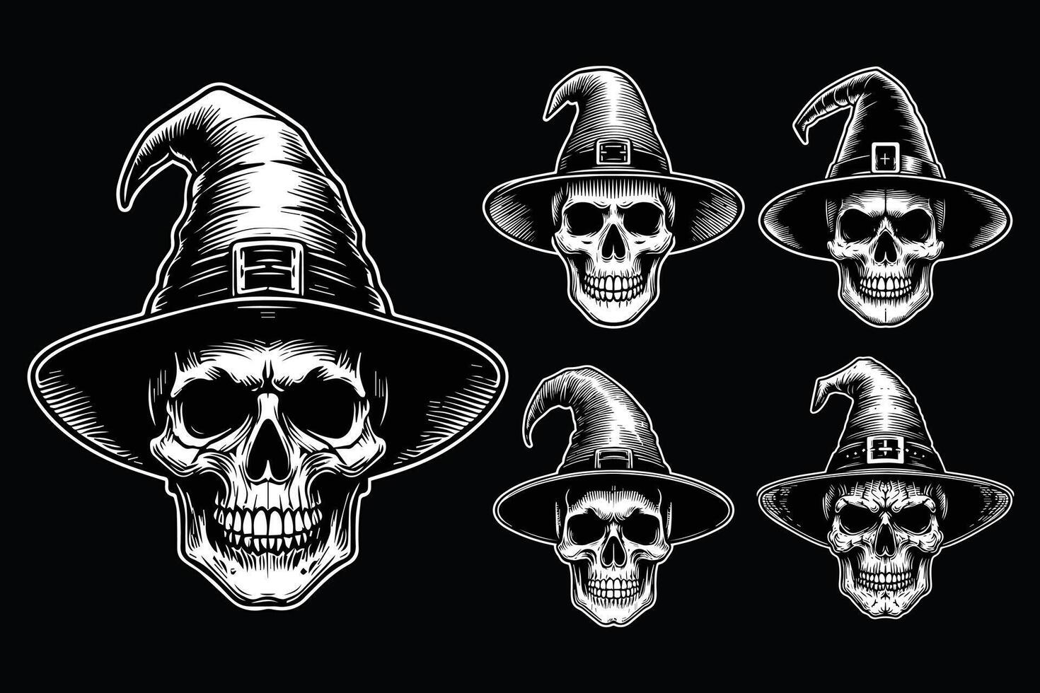 Dark Art Witch Skull Head With Witch Hat Black and White Illustration vector