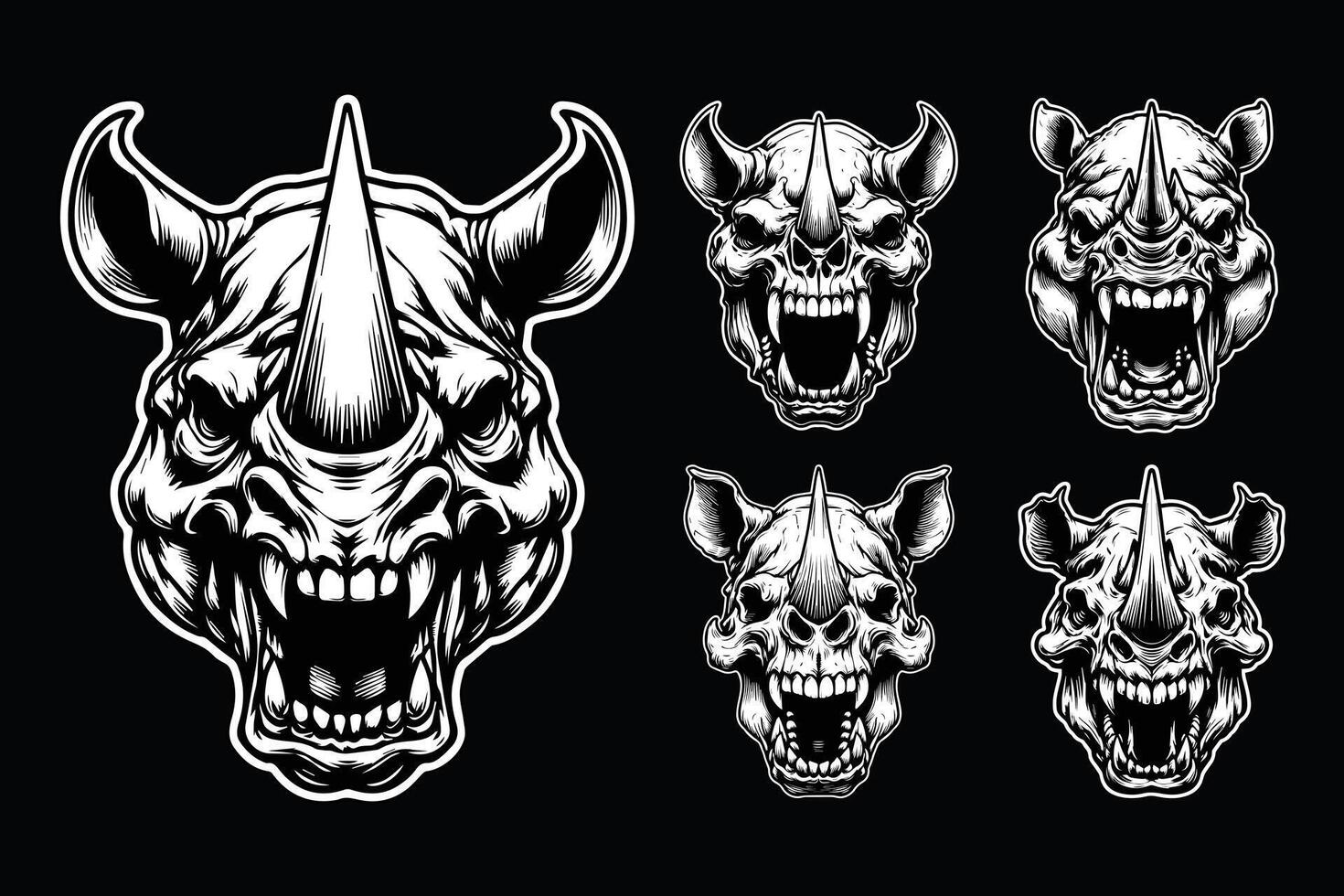 Dark Art Scary Angry Beast Rhino Skull Head with Sharp Horn Black and White Illustration vector