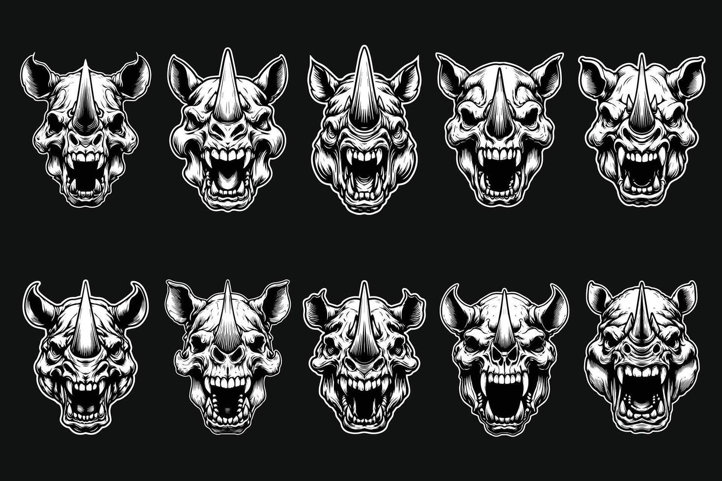 Dark Art Scary Angry Beast Rhino Skull Head with Sharp Horn Black and White Illustration vector