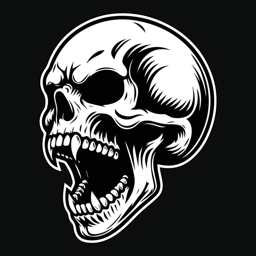 Dark Art Scary Skull Fang Head Black and White Illustration vector