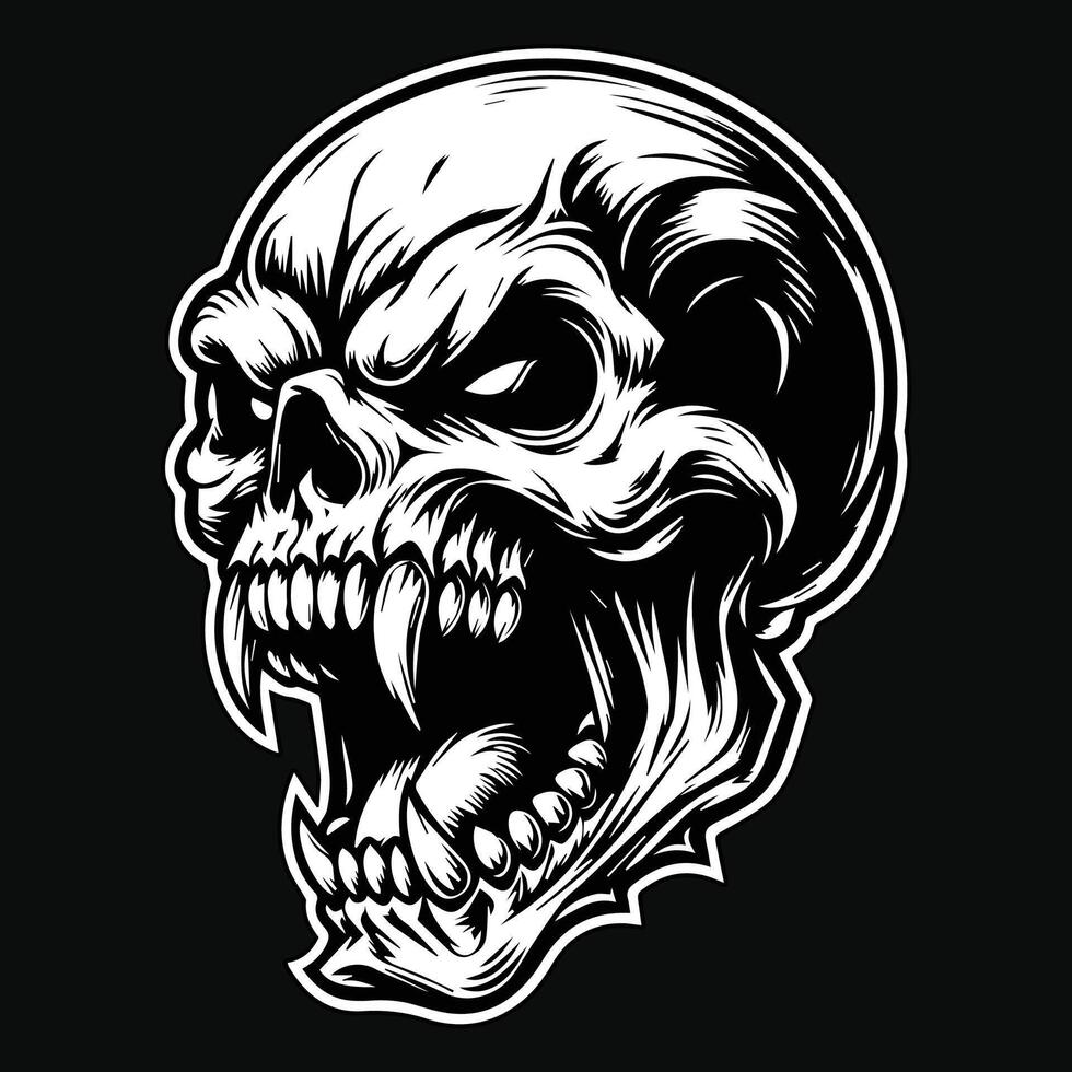 Dark Art Scary Skull Fang Head Black and White Illustration vector