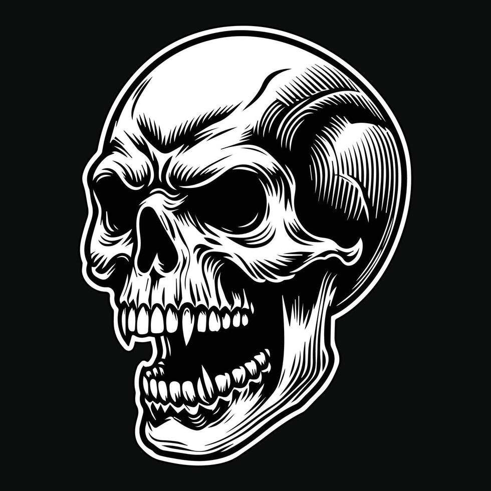 Dark Art Scary Skull Fang Head Black and White Illustration vector