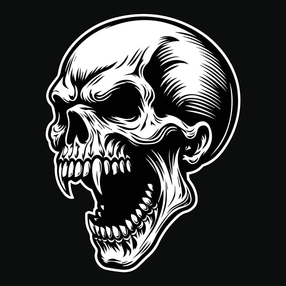 Dark Art Scary Skull Fang Head Black and White Illustration vector