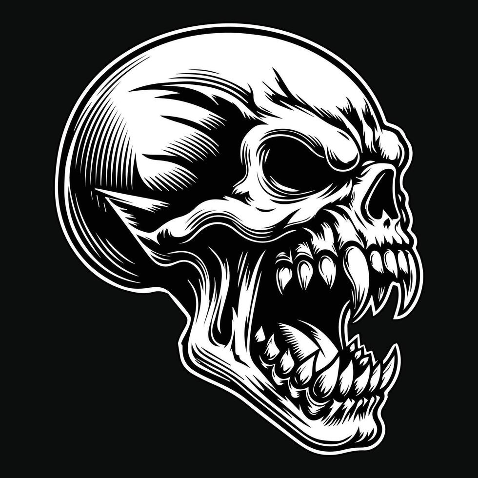 Dark Art Scary Skull Fang Head Black and White Illustration vector