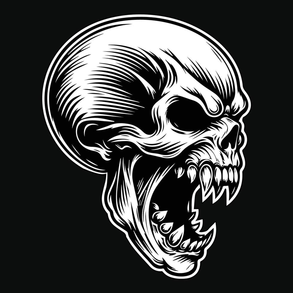 Dark Art Scary Skull Fang Head Black and White Illustration vector