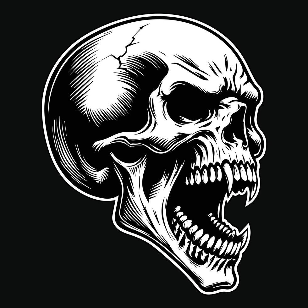Dark Art Scary Skull Fang Head Black and White Illustration vector