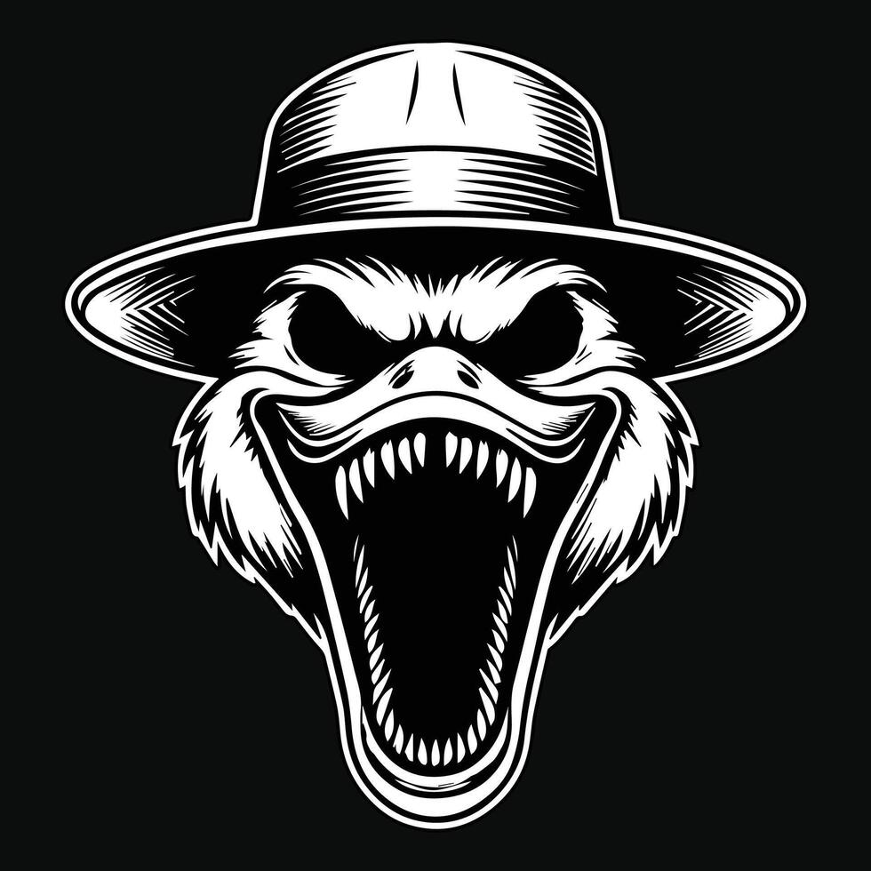 Dark Art Creepy Angry Duck Head with Hat Black and White Illustration vector
