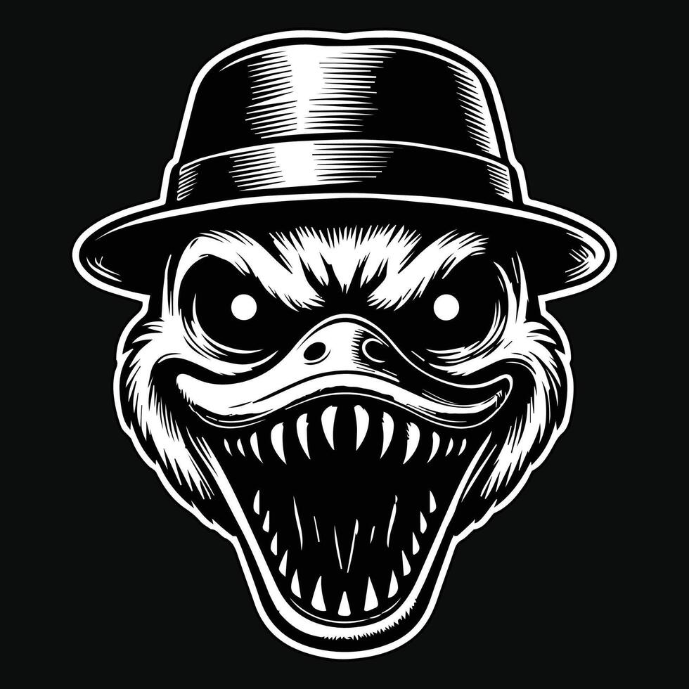 Dark Art Creepy Angry Duck Head with Hat Black and White Illustration vector