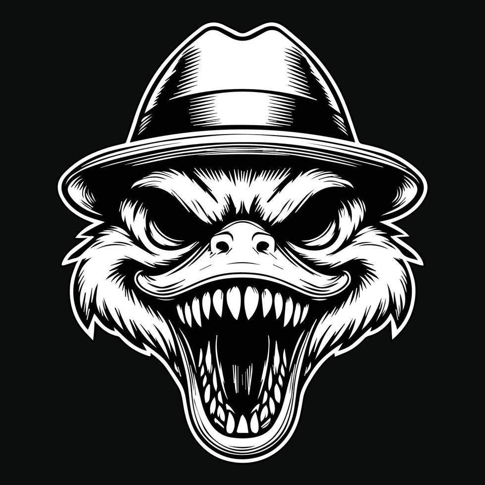 Dark Art Creepy Angry Duck Head with Hat Black and White Illustration vector