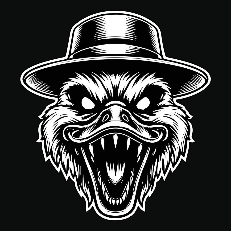 Dark Art Creepy Angry Duck Head with Hat Black and White Illustration vector