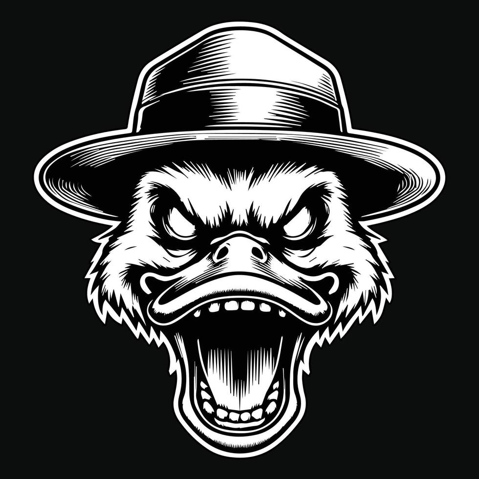 Dark Art Creepy Angry Duck Head with Hat Black and White Illustration vector