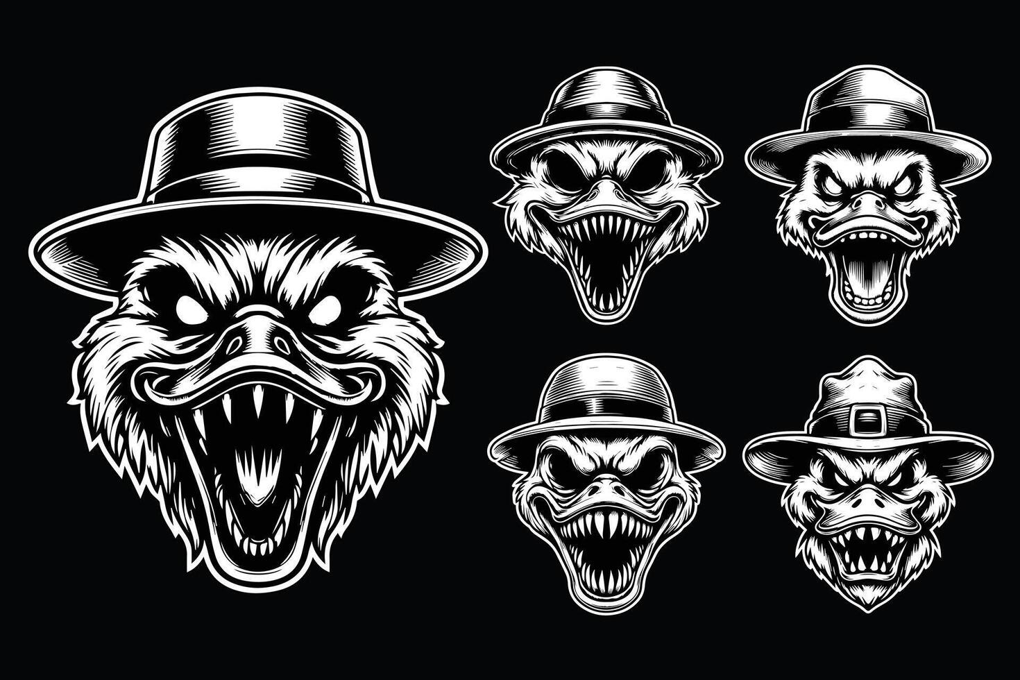 Dark Art Creepy Angry Duck Head with Hat Black and White Illustration vector