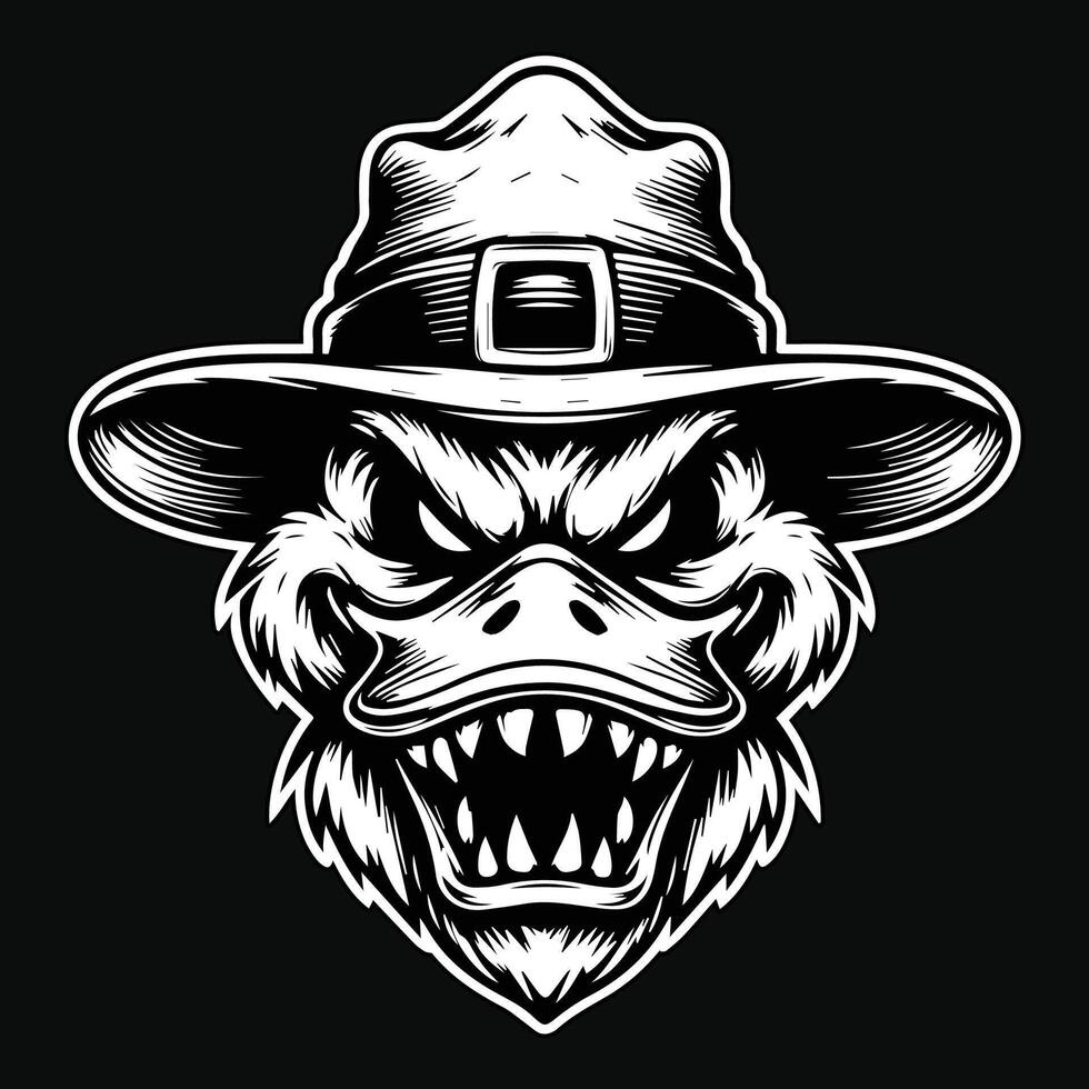 Dark Art Creepy Angry Duck Head with Hat Black and White Illustration vector