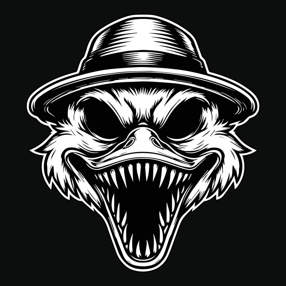 Dark Art Creepy Angry Duck Head with Hat Black and White Illustration vector
