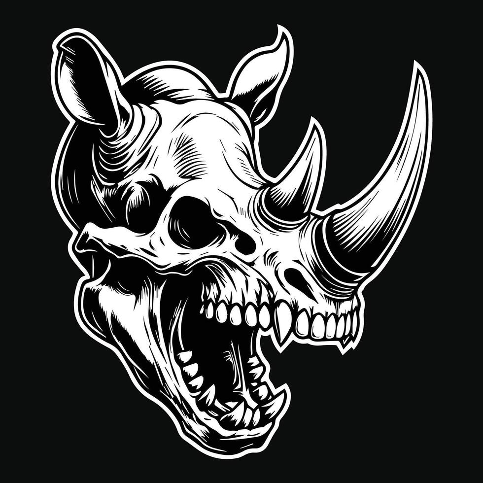 Dark Art Beast Rhino Skull Head with Sharp Fang and Horn Black and White Illustration vector