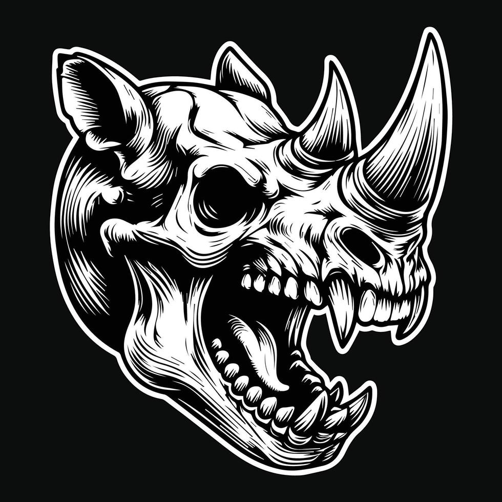 Dark Art Beast Rhino Skull Head with Sharp Fang and Horn Black and White Illustration vector