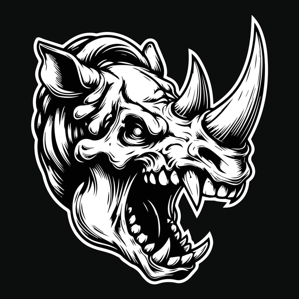 Dark Art Beast Rhino Skull Head with Sharp Fang and Horn Black and White Illustration vector