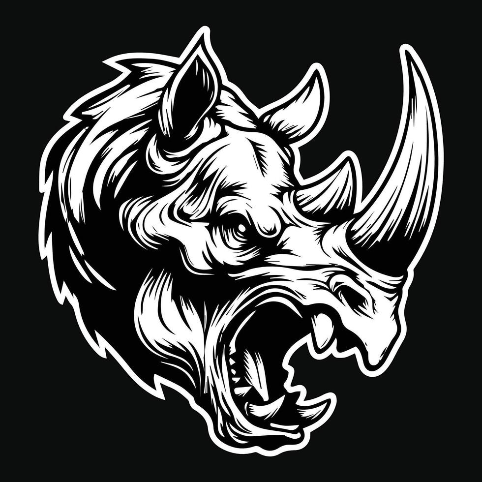 Dark Art Beast Rhino Skull Head with Sharp Fang and Horn Black and White Illustration vector
