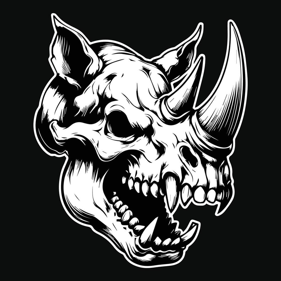 Dark Art Beast Rhino Skull Head with Sharp Fang and Horn Black and White Illustration vector