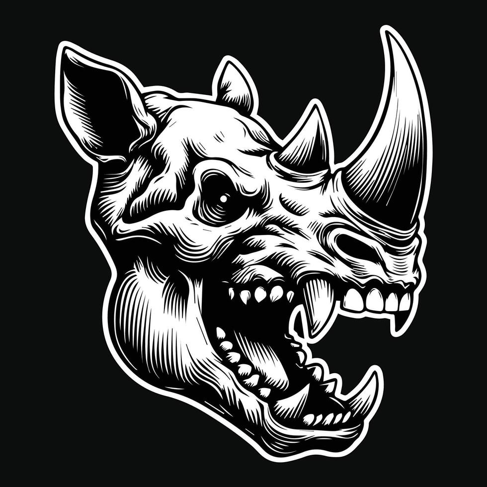 Dark Art Beast Rhino Skull Head with Sharp Fang and Horn Black and White Illustration vector