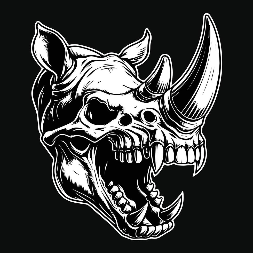 Dark Art Beast Rhino Skull Head with Sharp Fang and Horn Black and White Illustration vector