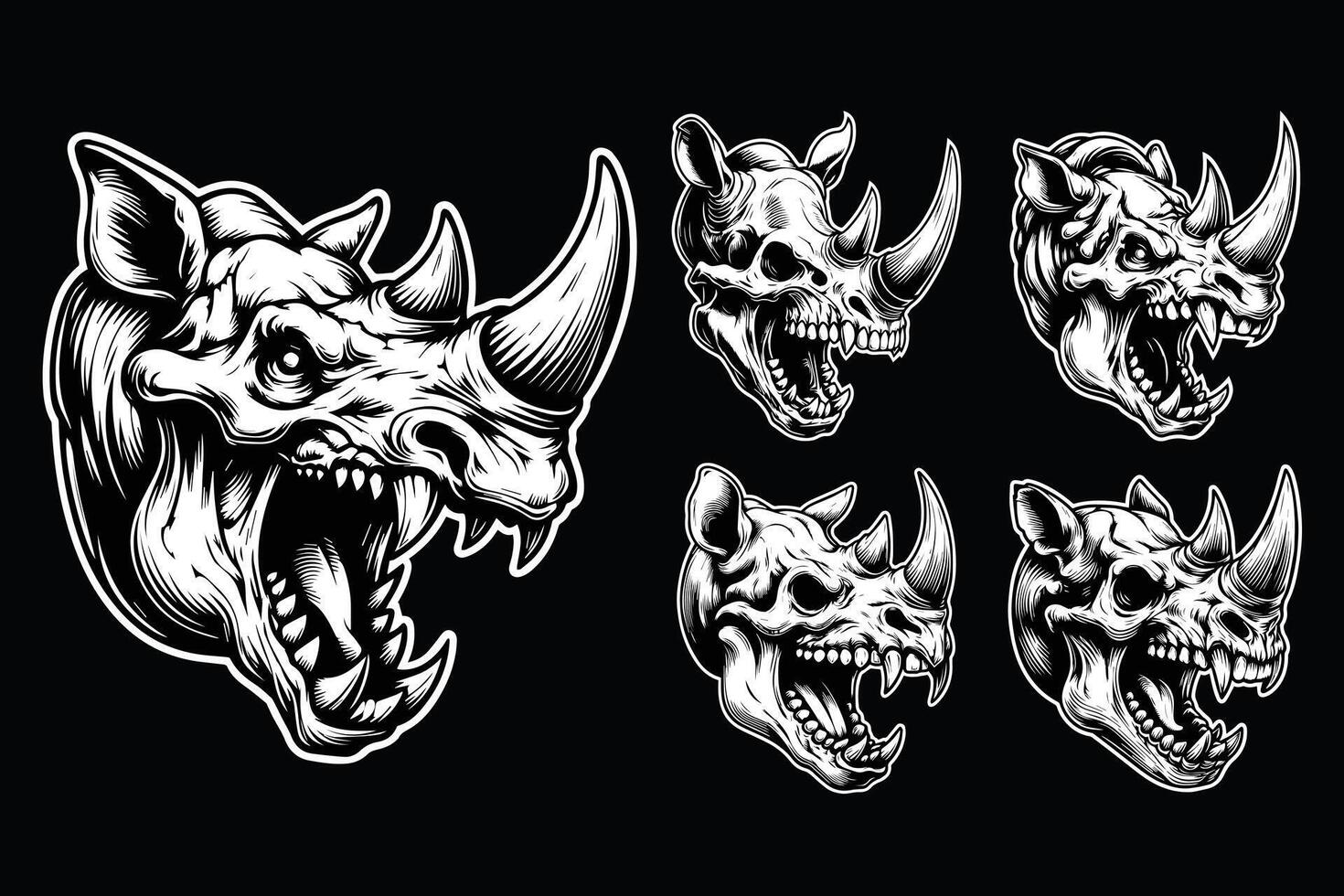 Dark Art Beast Rhino Skull Head with Sharp Fang and Horn Black and White Illustration vector