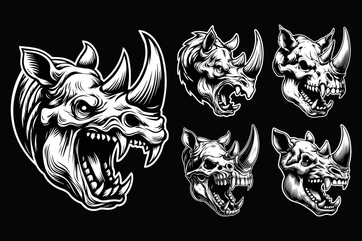 Dark Art Beast Rhino Skull Head with Sharp Fang and Horn Black and White Illustration vector
