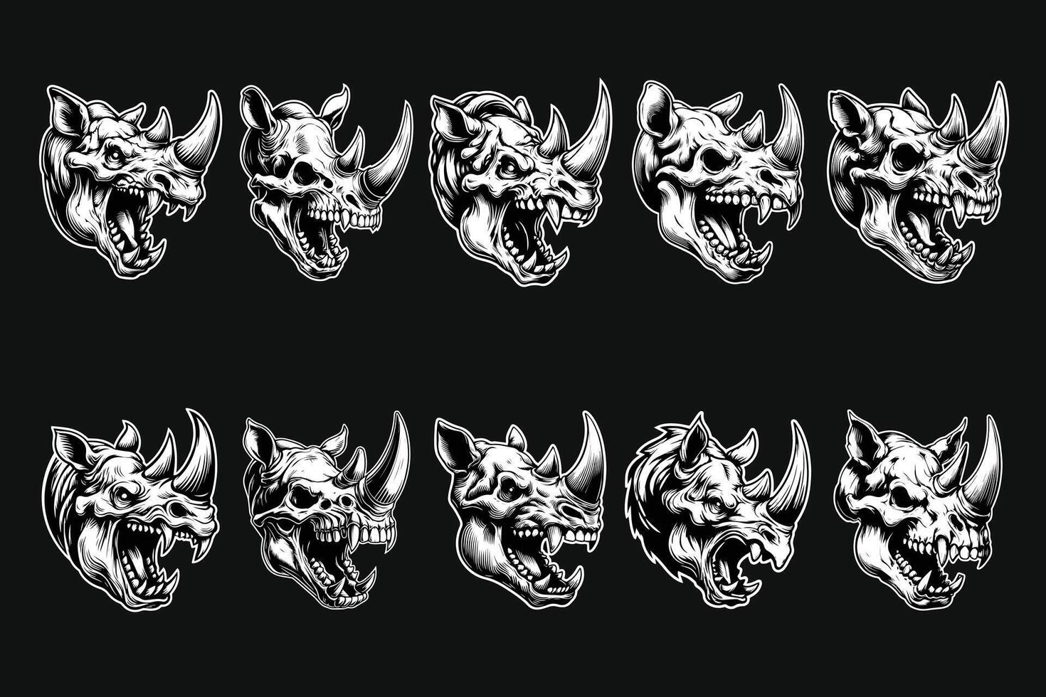Dark Art Beast Rhino Skull Head with Sharp Fang and Horn Black and White Illustration vector
