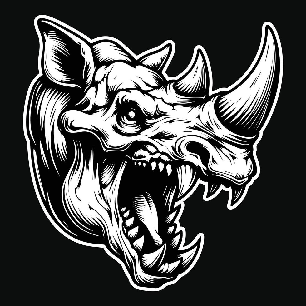 Dark Art Beast Rhino Skull Head with Sharp Fang and Horn Black and White Illustration vector