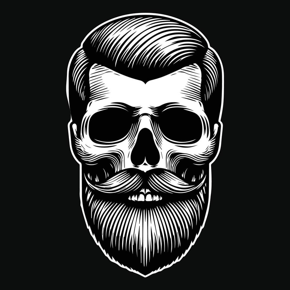 Dark Art Barber Skull Head Mascot Black and White Illustration vector