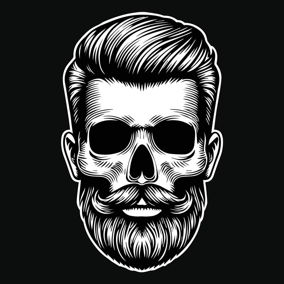 Dark Art Barber Skull Head Mascot Black and White Illustration vector