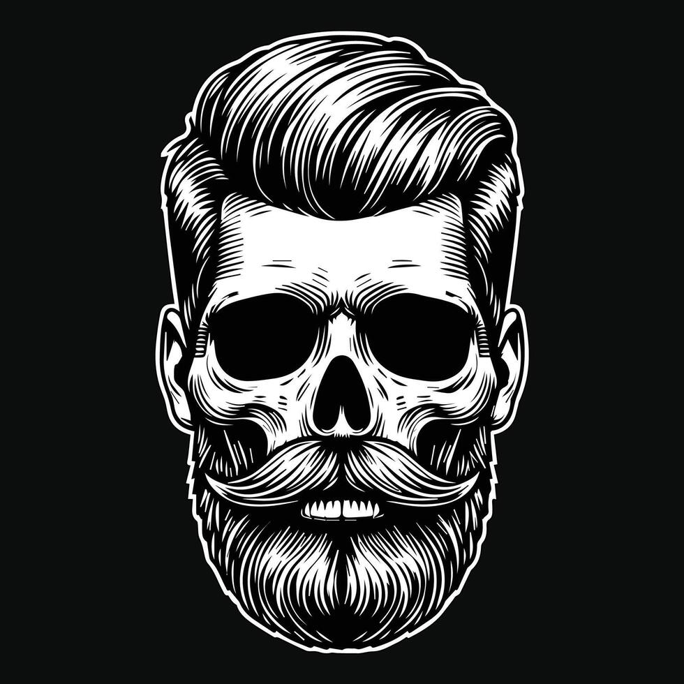 Dark Art Barber Skull Head Mascot Black and White Illustration vector