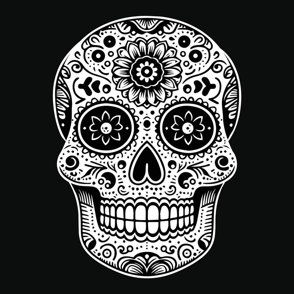 Dark Art Sugar Skull Head with Flower Black and White Illustration vector