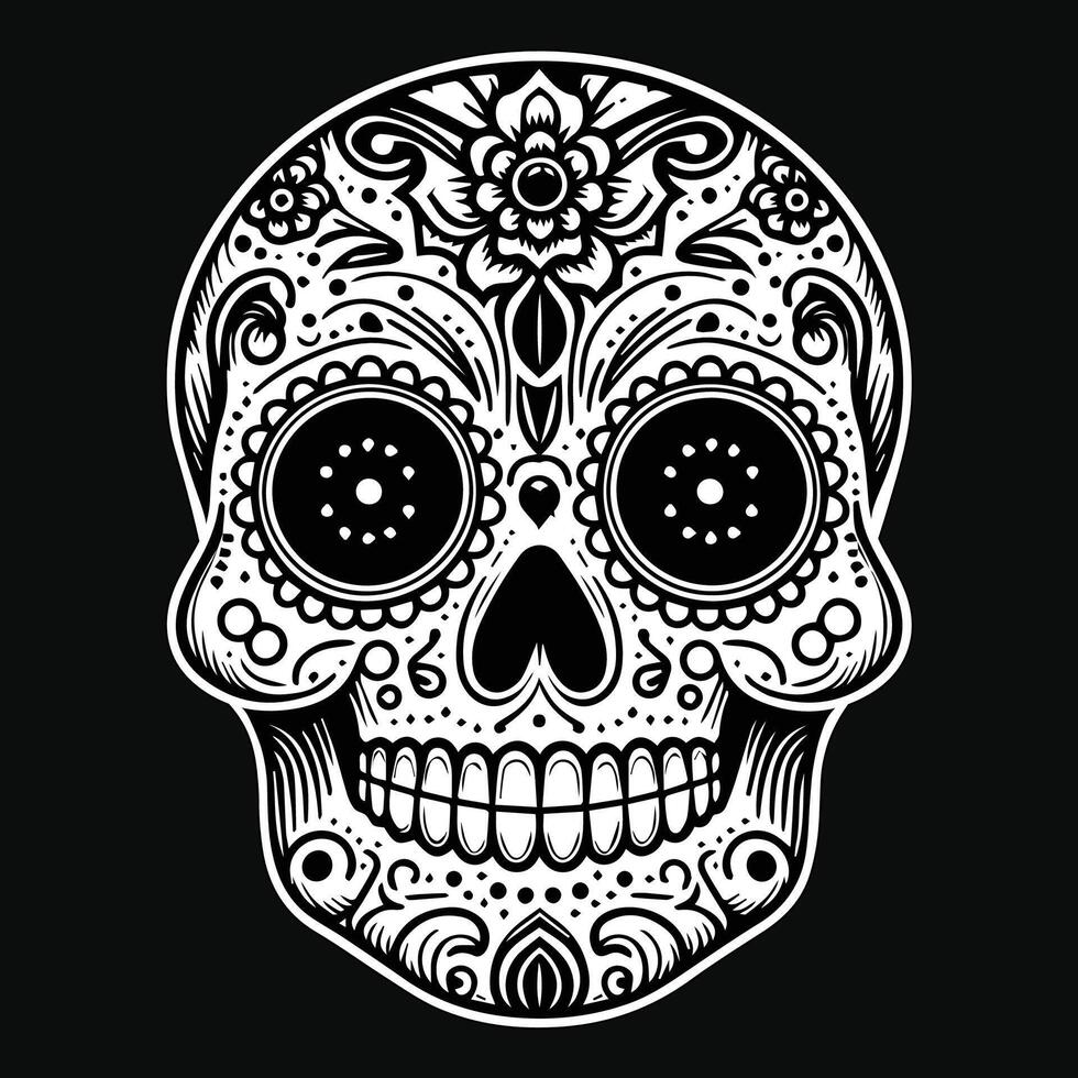 Dark Art Sugar Skull Head with Flower Black and White Illustration vector