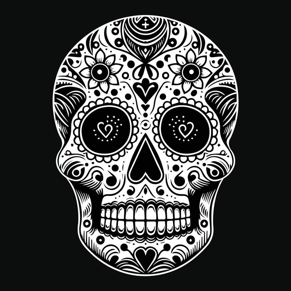 Dark Art Sugar Skull Head with Flower Black and White Illustration vector