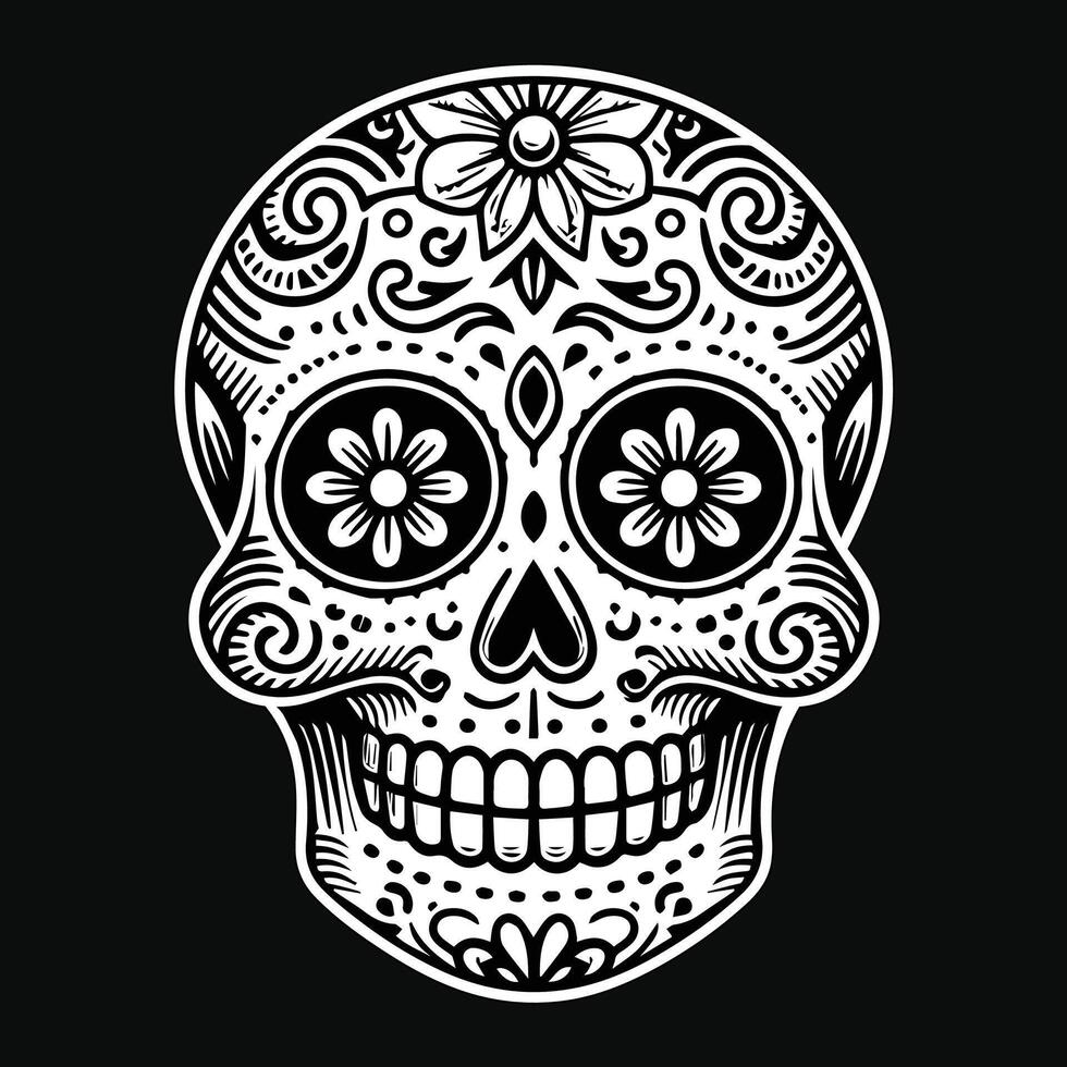 Dark Art Sugar Skull Head with Flower Black and White Illustration vector