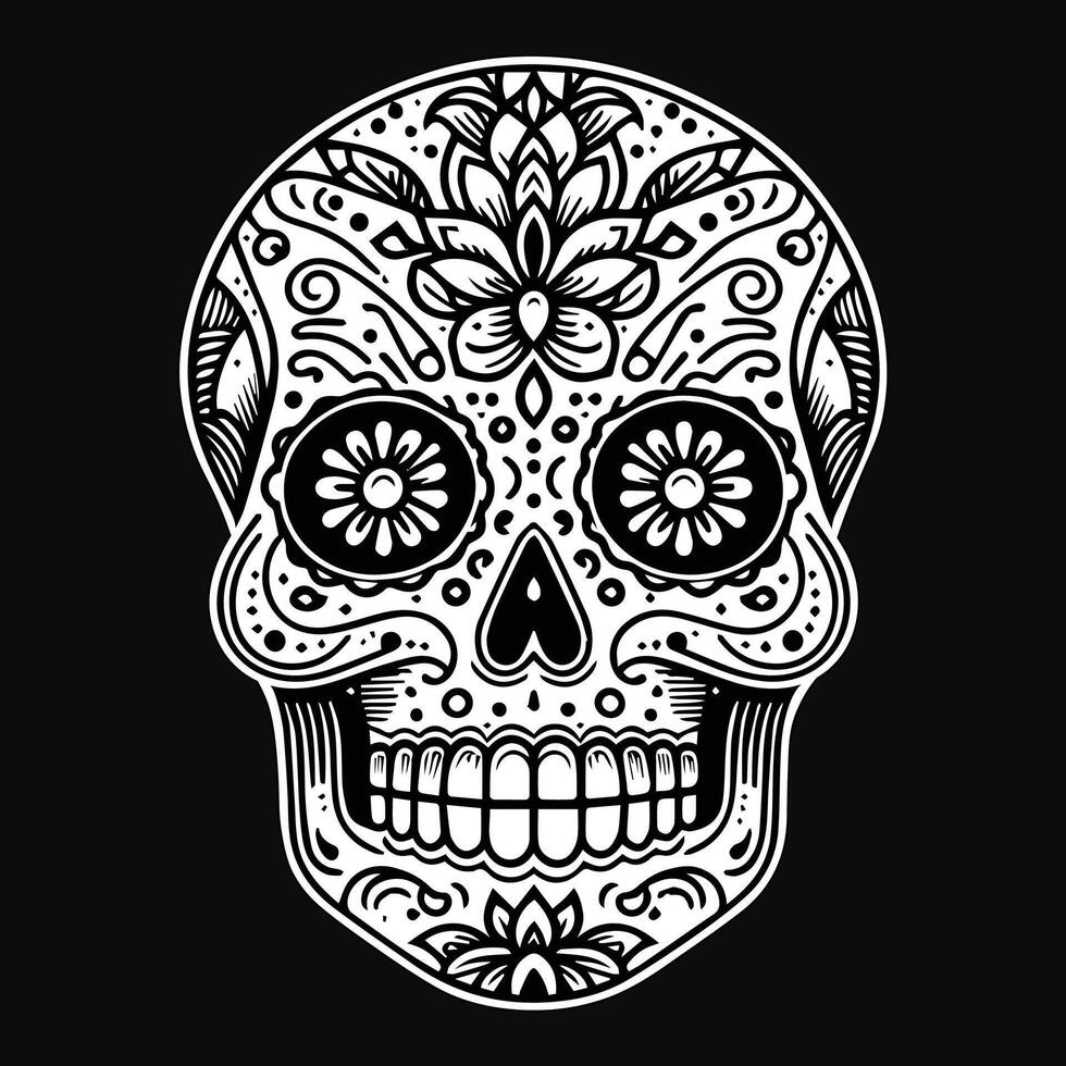 Dark Art Sugar Skull Head with Flower Black and White Illustration vector