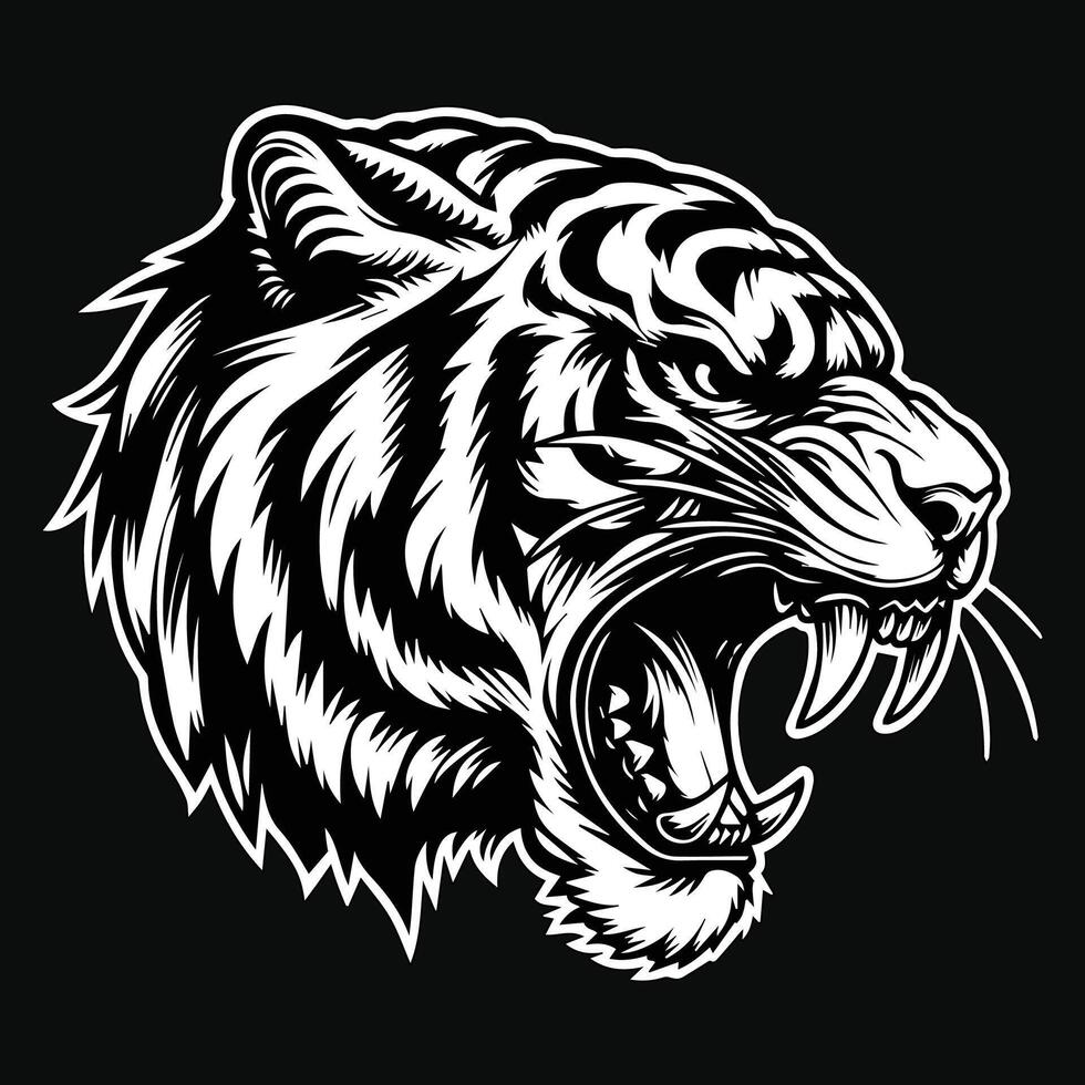 Dark Art Tiger Beast Angry Head with Sharp Fang Black and White Illustration vector